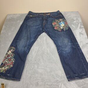 RARE Ed Hardy Vintage Rose Skull Jeans‎ Embroidered  Size 44 x 32